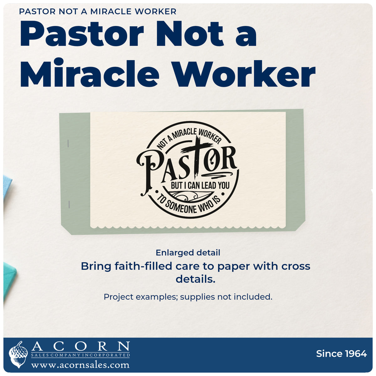 Enlarged detail of the Pastor Not A Miracle Worker With Cross Premium Wooden Stamp - Vintage Pro imprint. A cross forms part of "Pastor" inside a circle reading "Not a miracle worker, but I can lead you to someone who is."