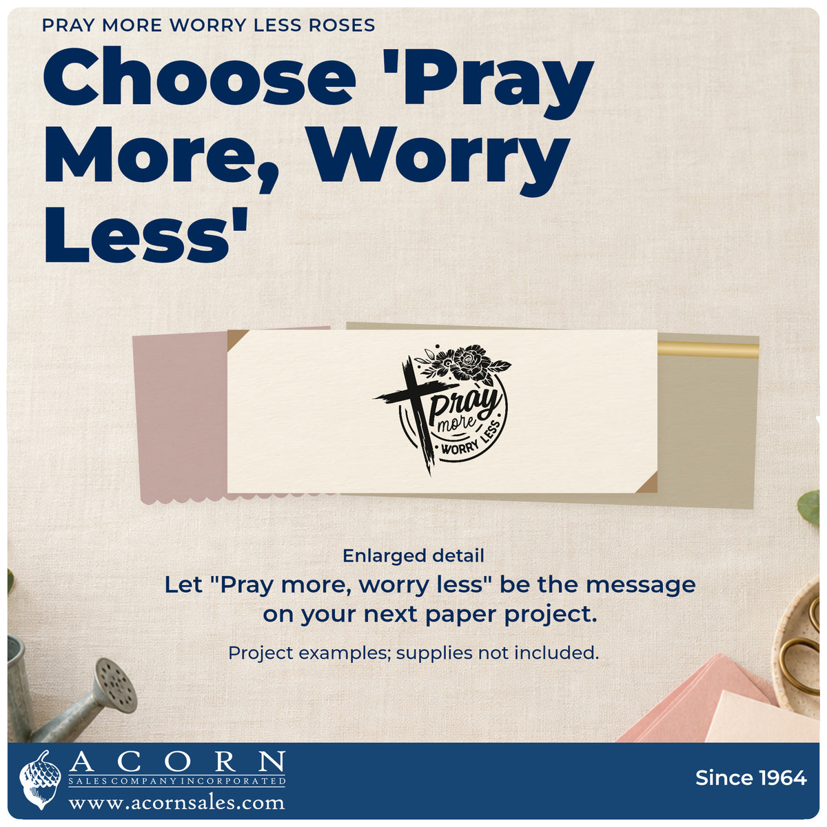Pray More Worry Less Roses Brushstroke Cross Rubber Stamp – Wood Handle design shown close up for craft and DIY project inspiration.