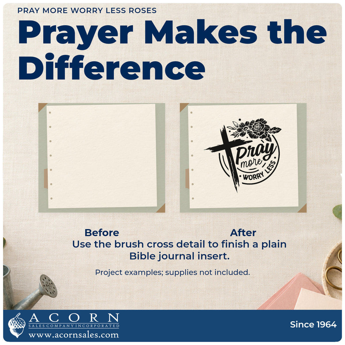 Pray More Worry Less Roses Brushstroke Cross Rubber Stamp – Wood Handle adding the finishing touch to handmade gifts and packaging.