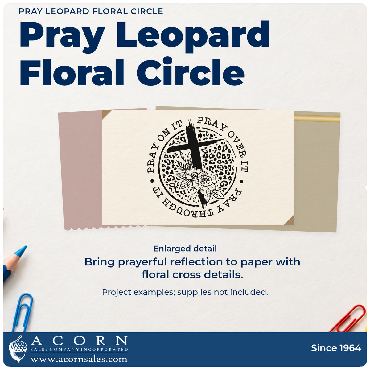 Pray Leopard Floral Circle With Cross Pre-Inked Stamp – Slim design shown close up for craft and DIY project inspiration.