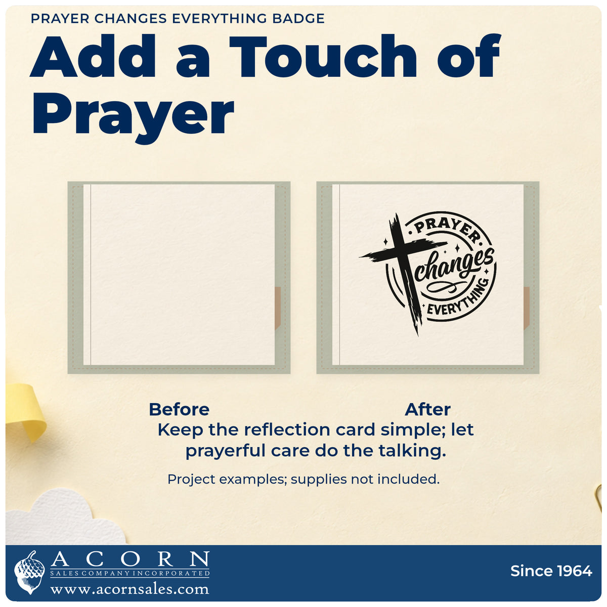 Before and after of a plain item finished with the Prayer Changes Everything Slim Pre-Inked Stamp, a quick upgrade for fridge magnet labels.