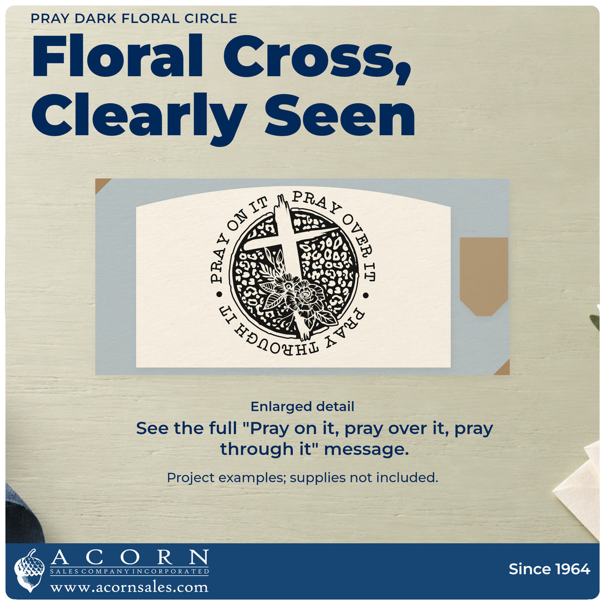 Pray Solid Floral Circle With Cross Wood-Mounted Rubber Stamp design shown close up for craft and DIY project inspiration.