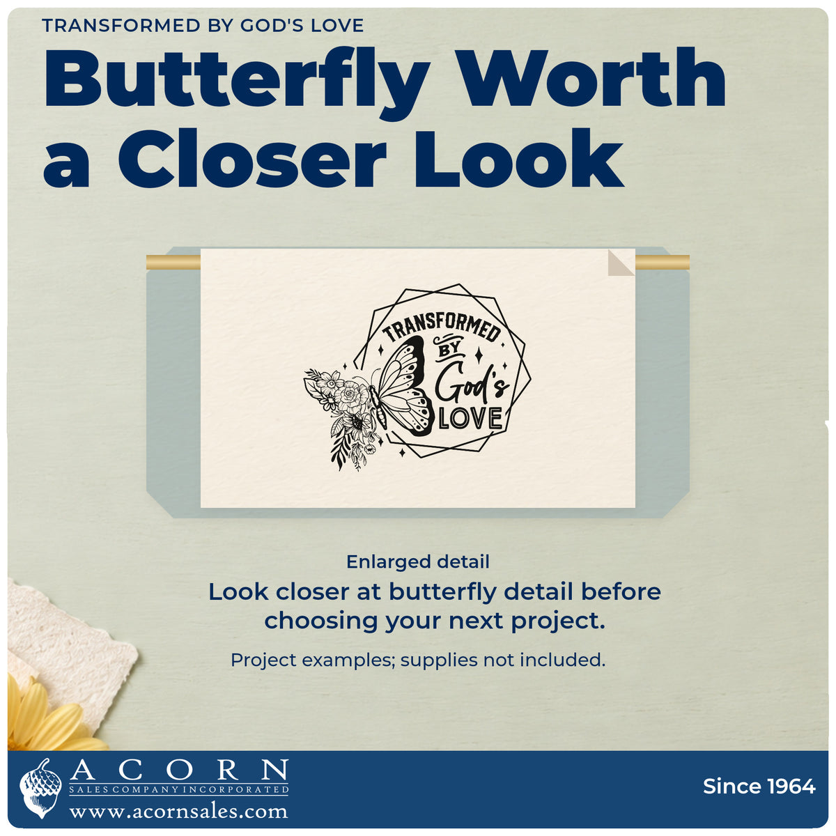 Enlarged detail of the Transformed By God's Love Butterfly Slim Pre-Inked Stamp imprint. A butterfly and flowers overlap a geometric frame reading "Transformed by God's love."