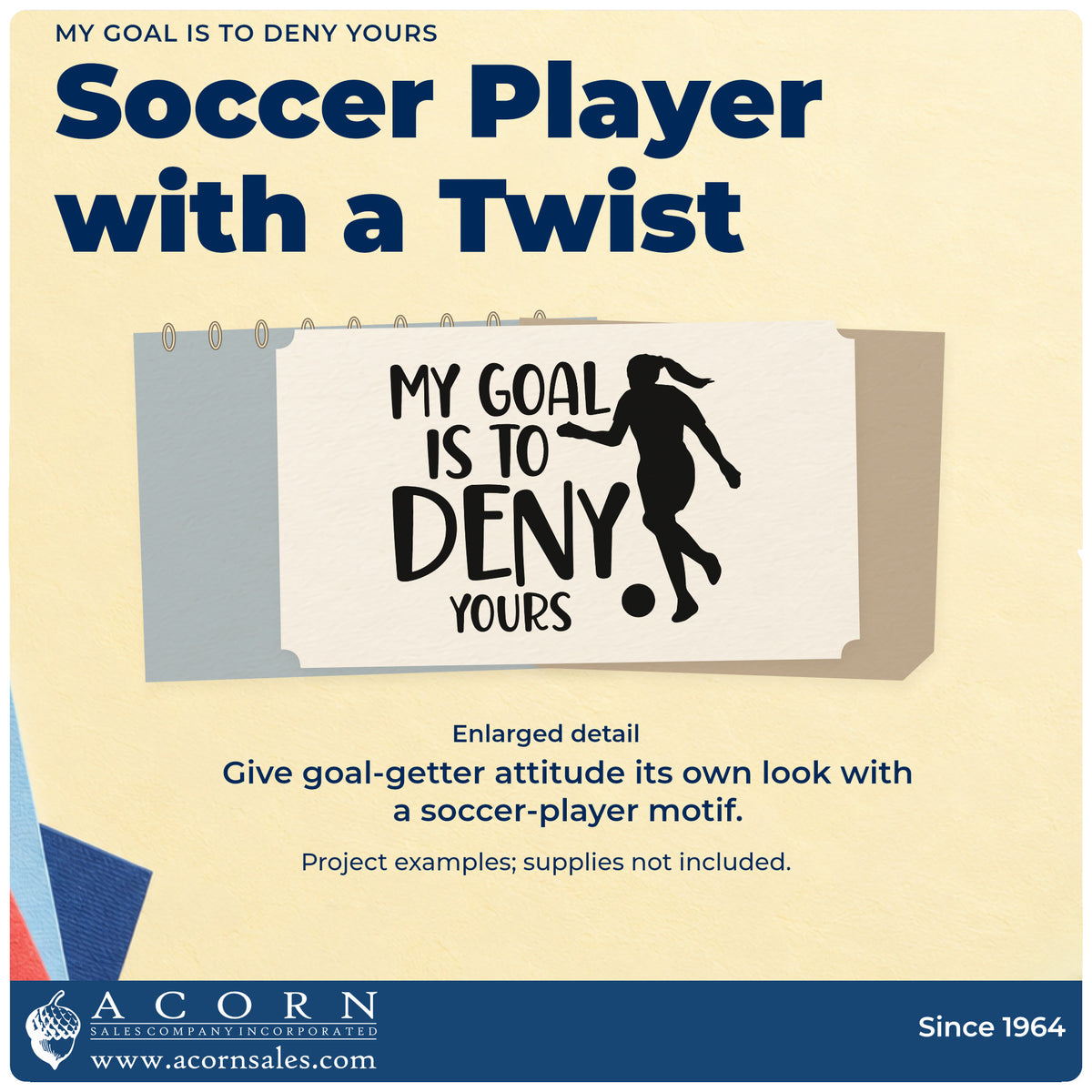 Enlarged detail of the Deny Your Goal Soccer Lettering Slim Pre-Inked Stamp imprint. A female soccer player silhouette stands beside "My goal is to deny yours."