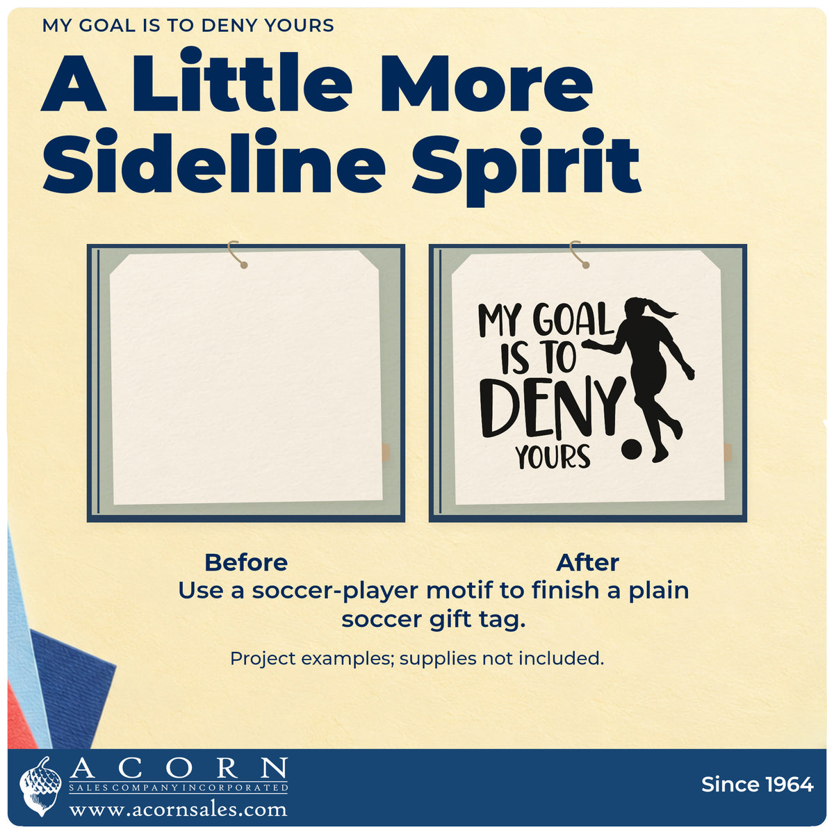 Before and after of a plain item finished with the Vintage Pro Deny Your Goal Soccer Lettering Premium Wooden Stamp, a quick upgrade for club sticker sheets.