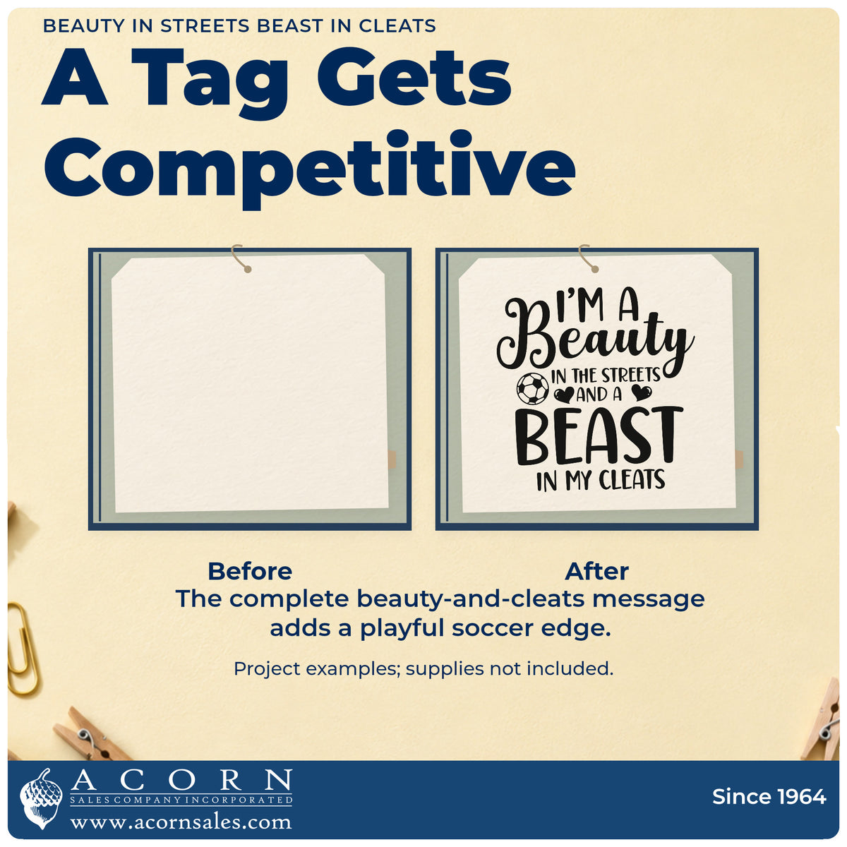 Before and after of a plain item finished with the I'm A Beauty In The Streets And A Beast In My Cleats Pre-Inked Stamp – PSI, a quick upgrade for team mom banners.