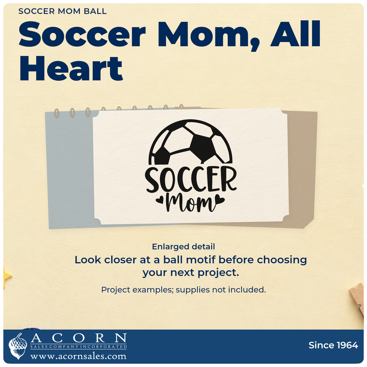 Enlarged detail of the Soccer Mom Ball With Hearts Rubber Stamp – Wood Handle imprint. A large partial soccer ball sits above "Soccer mom," with heart accents.
