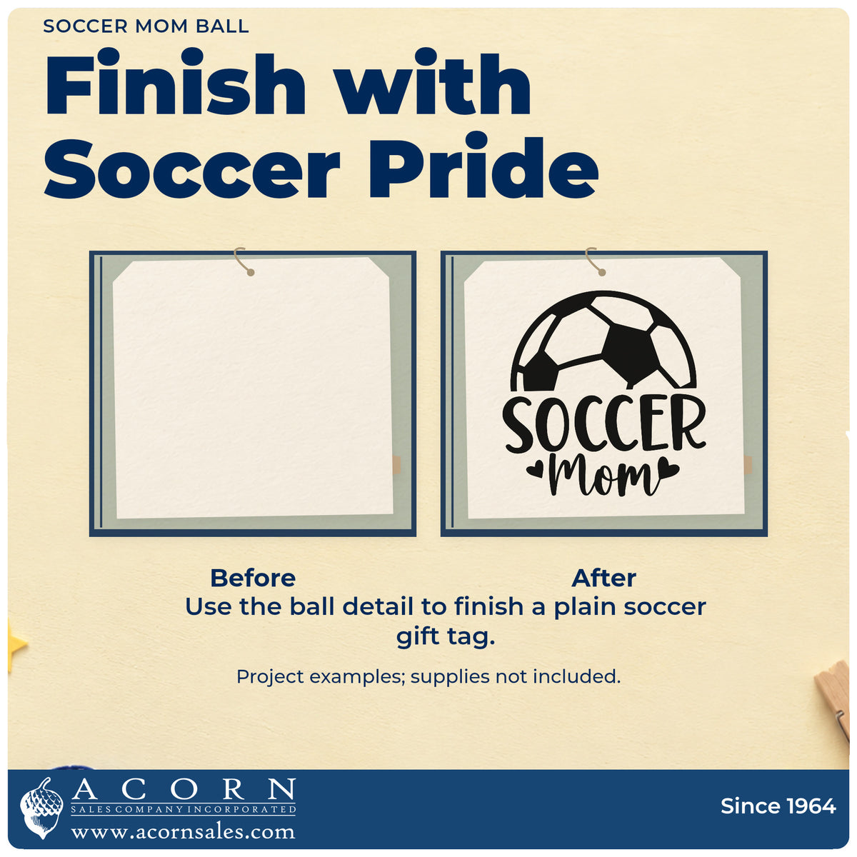 Before and after of a plain item finished with the Soccer Mom Ball With Hearts Rubber Stamp – Wood Handle, a quick upgrade for thermos band wraps.