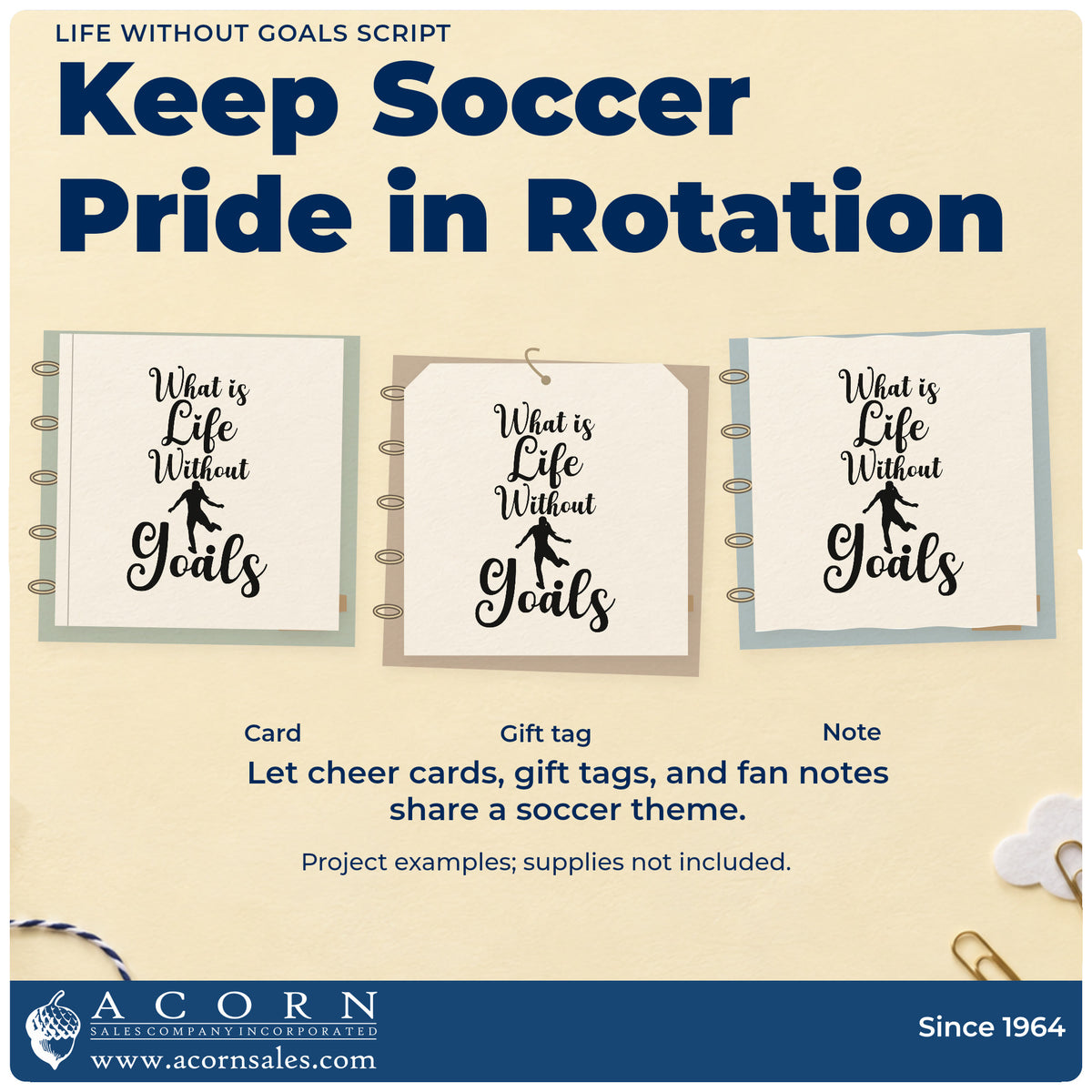 Three project examples made with the What Is Life Without Goals Rubber Stamp – Wood Handle, including coach clipboard labels.