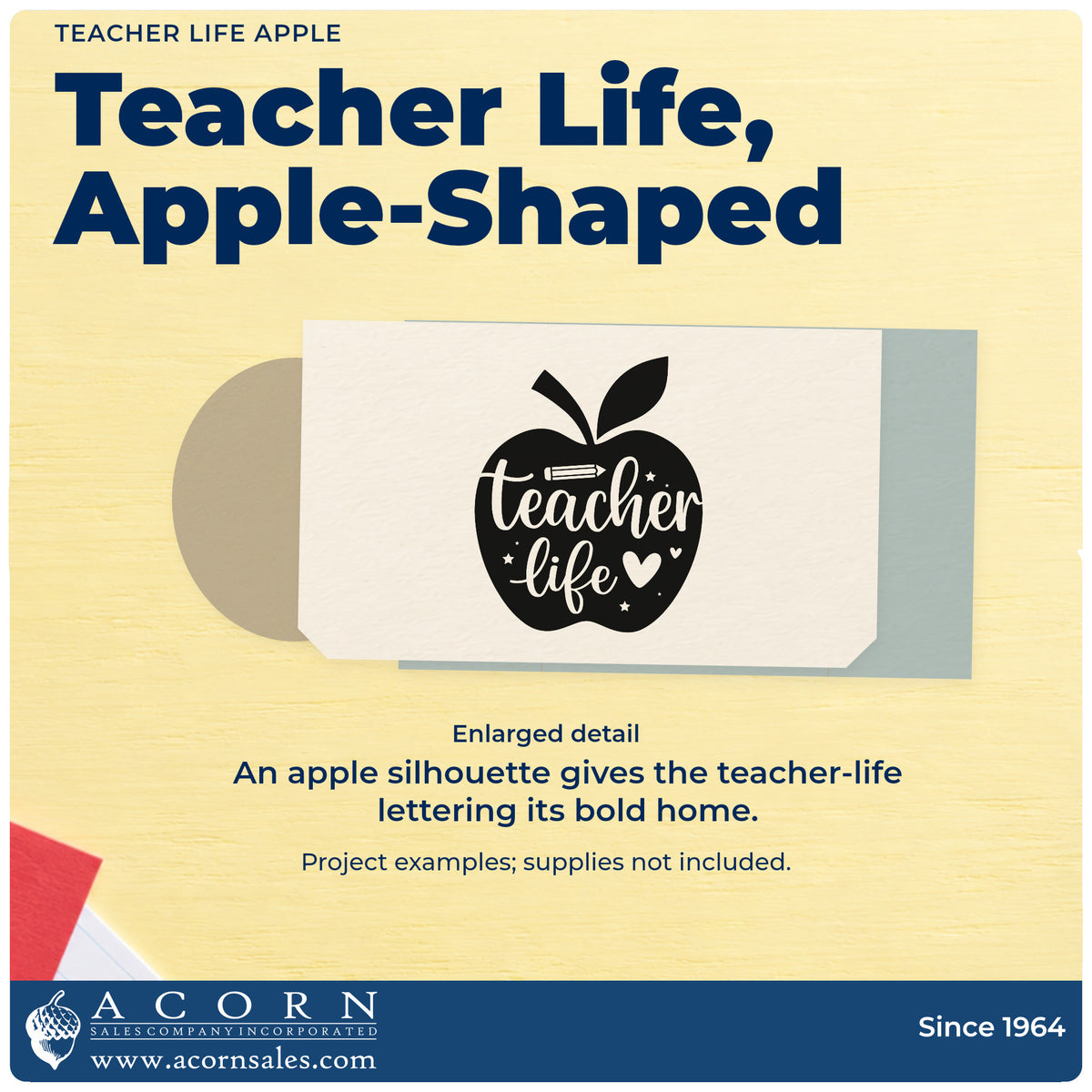 Teacher Life Apple Wood Handle Stamp design shown close up for craft and DIY project inspiration.