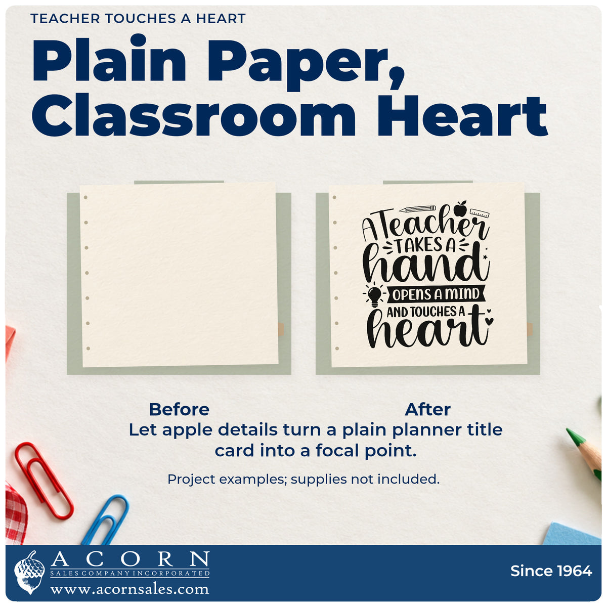 Before and after of a plain item finished with the Teacher Touches A Heart School Tools Slim Pre-Inked Stamp, a quick upgrade for open house banners.