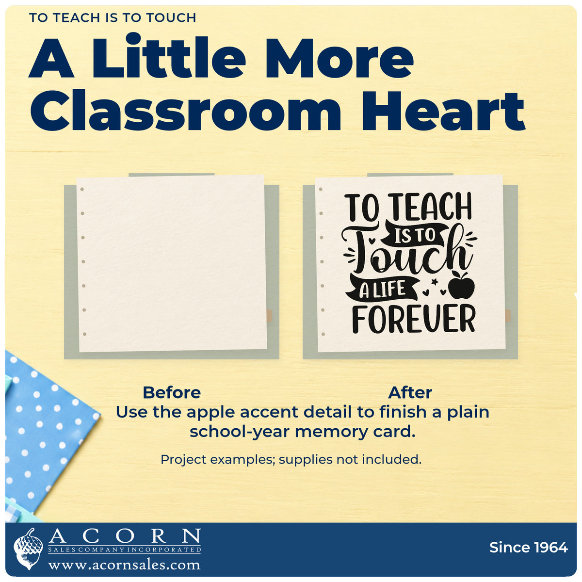 Before and after of a plain item finished with the To Teach Is To Touch Apple Wood-Mounted Rubber Stamp, a quick upgrade for alumni letter seals.