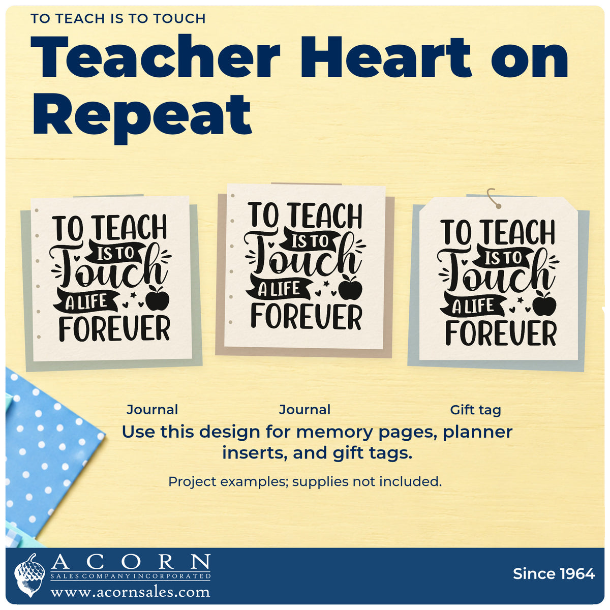 Three project examples made with the To Teach Is To Touch Apple Wood-Mounted Rubber Stamp, including legacy brick labels.