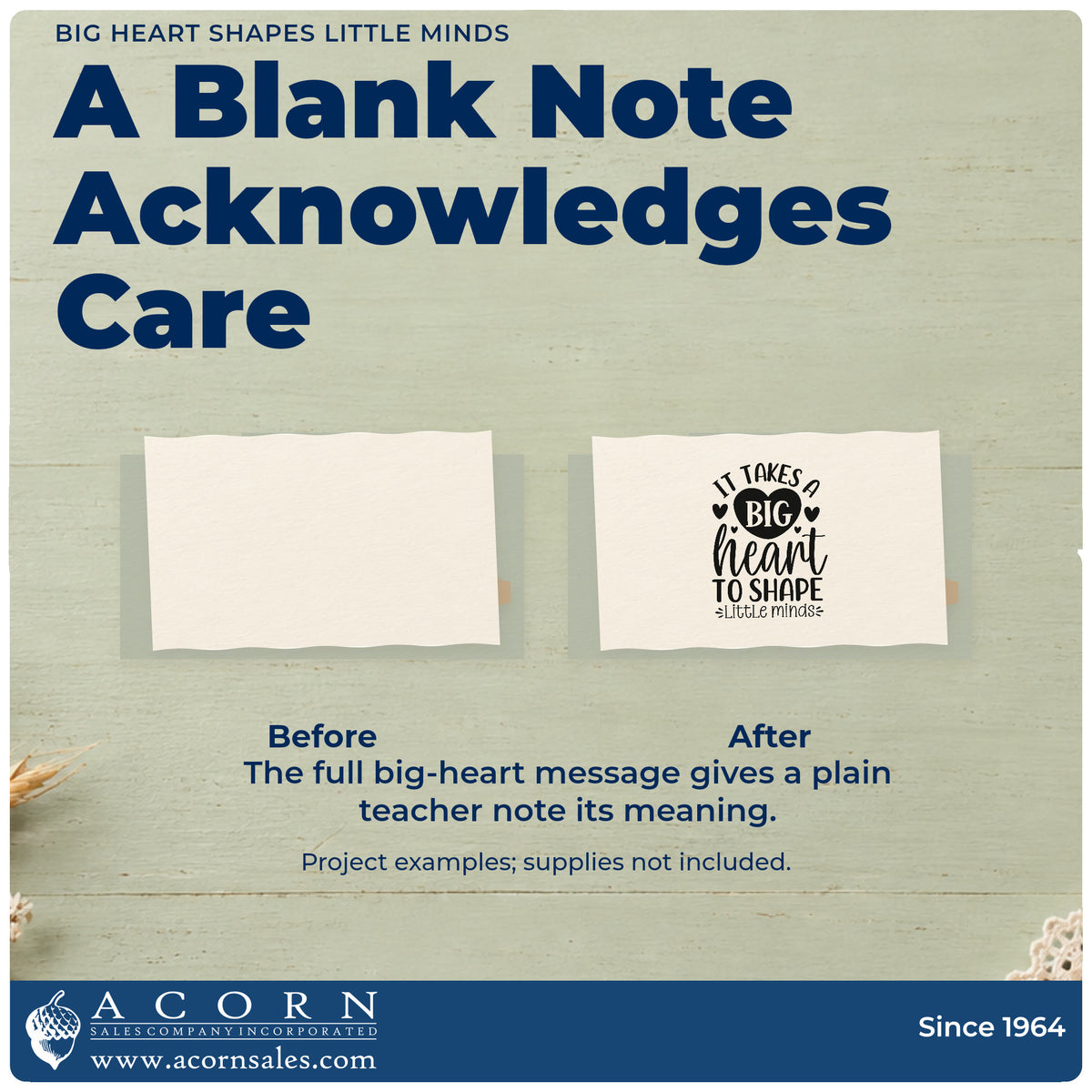 Before and after of a plain item finished with the Self-Inking Big Heart Little Minds Teaching Lettering Stamp, a quick upgrade for daycare sign bands.