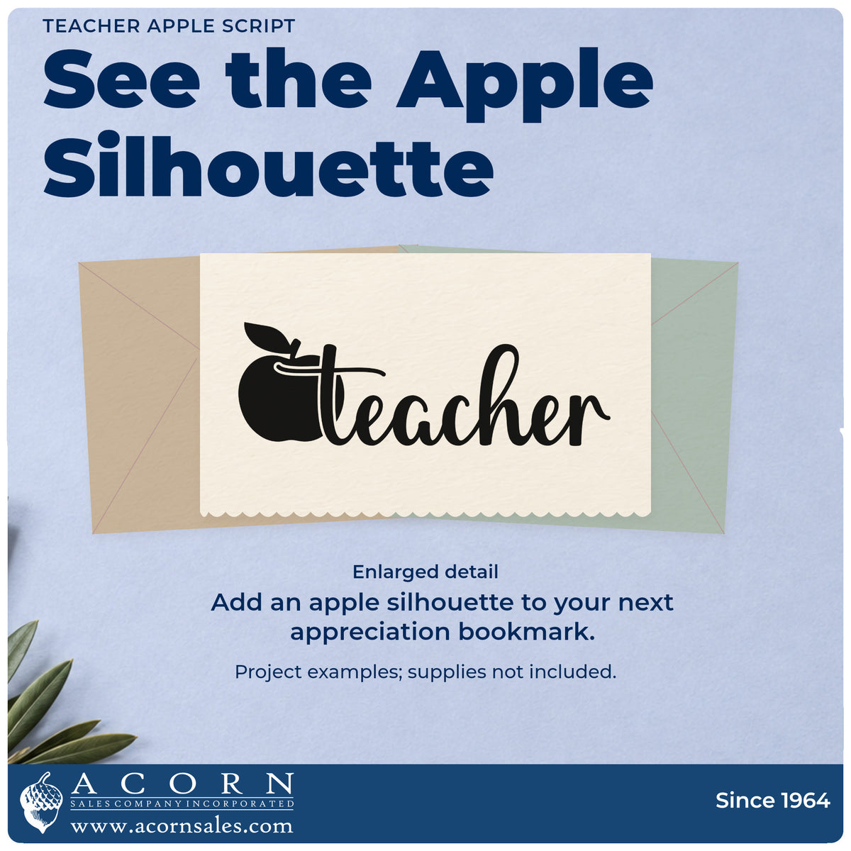 Enlarged detail of the Teacher Apple Flourish Rubber Stamp – Duo Hand imprint. A solid apple sits beside flowing "Teacher" lettering.