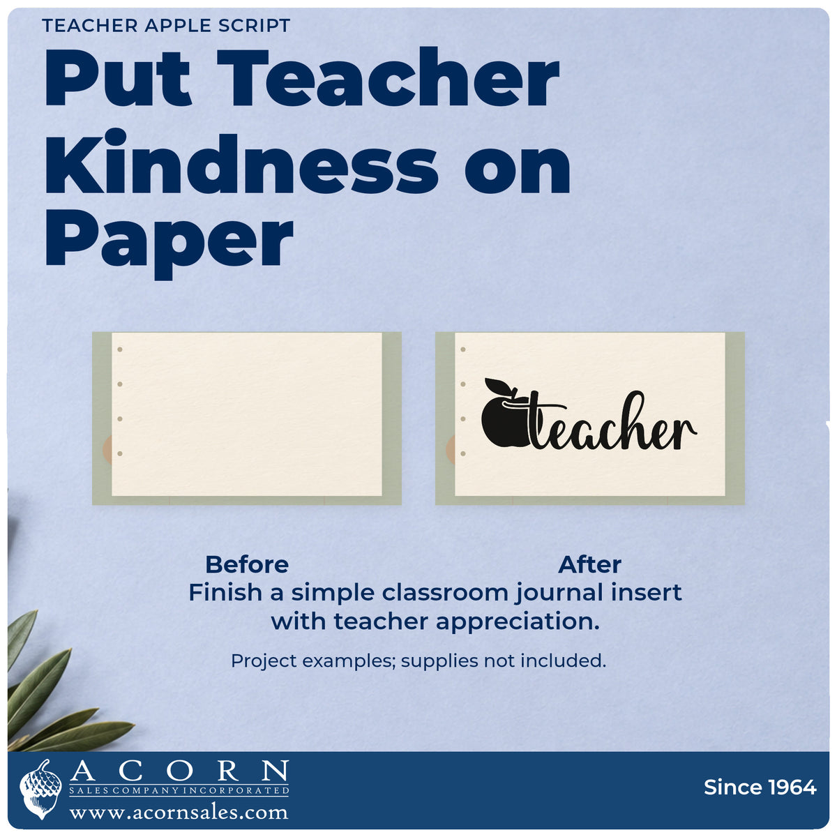 Before and after of a plain item finished with the Teacher Apple Flourish Rubber Stamp – Duo Hand, a quick upgrade for classroom door labels.