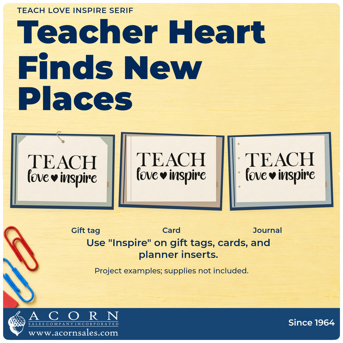 Three project examples made with the Teach Love Inspire Serif Rubber Stamp – Duo Hand, including certificate seals.