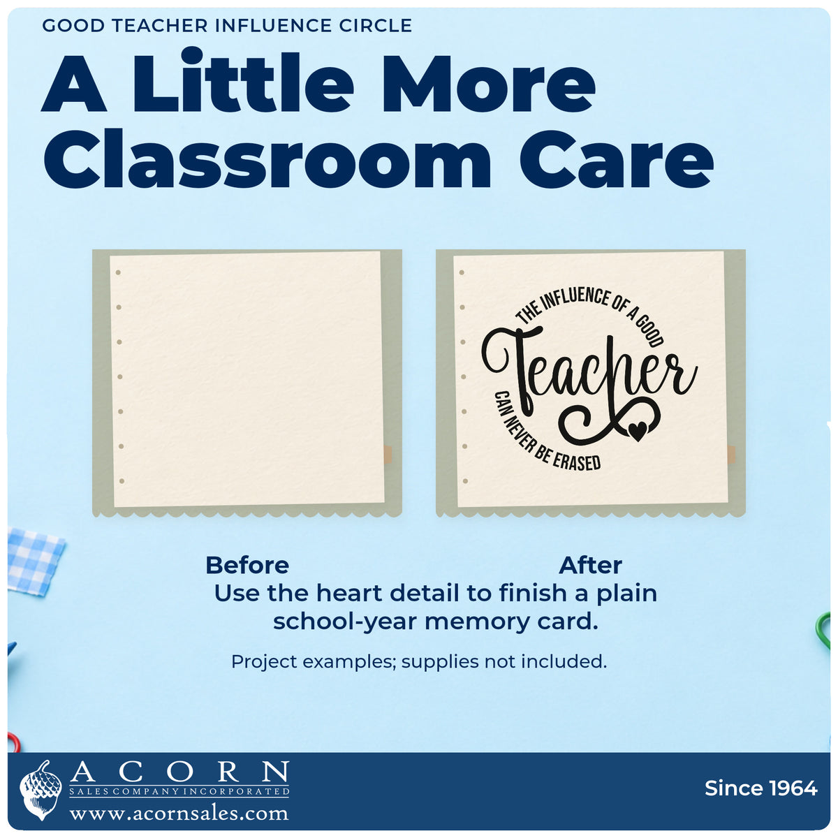 Before and after of a plain item finished with the Duo Hand Good Teacher Influence Circle Rubber Stamp, a quick upgrade for candle lid labels.