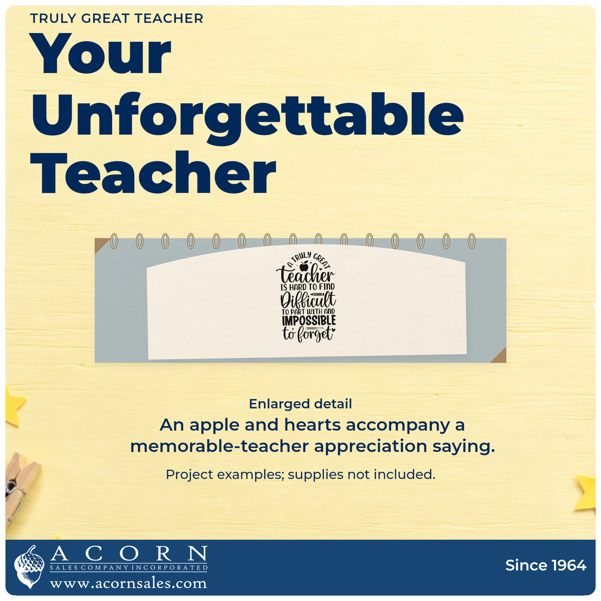Enlarged detail of the Truly Great Teacher Apple Stamp – Slim Pre-Inked imprint. An apple and hearts accent a saying about a great teacher being hard to find, difficult to part with, and impossible to forget.