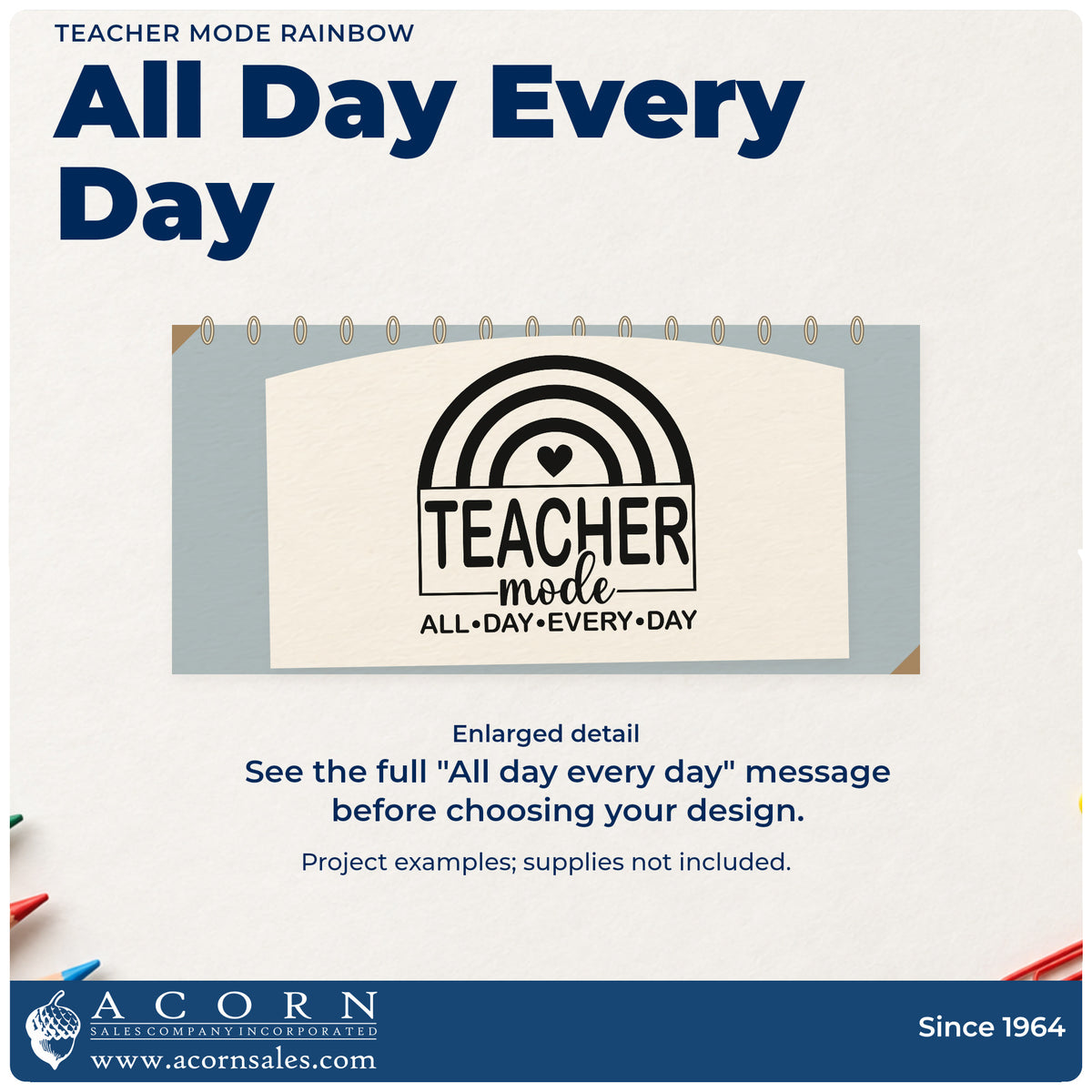 Enlarged detail of the Teacher Mode Rainbow Pre-Inked Stamp – PSI imprint. A rainbow and heart top a rectangular "Teacher mode" design above "All day every day."