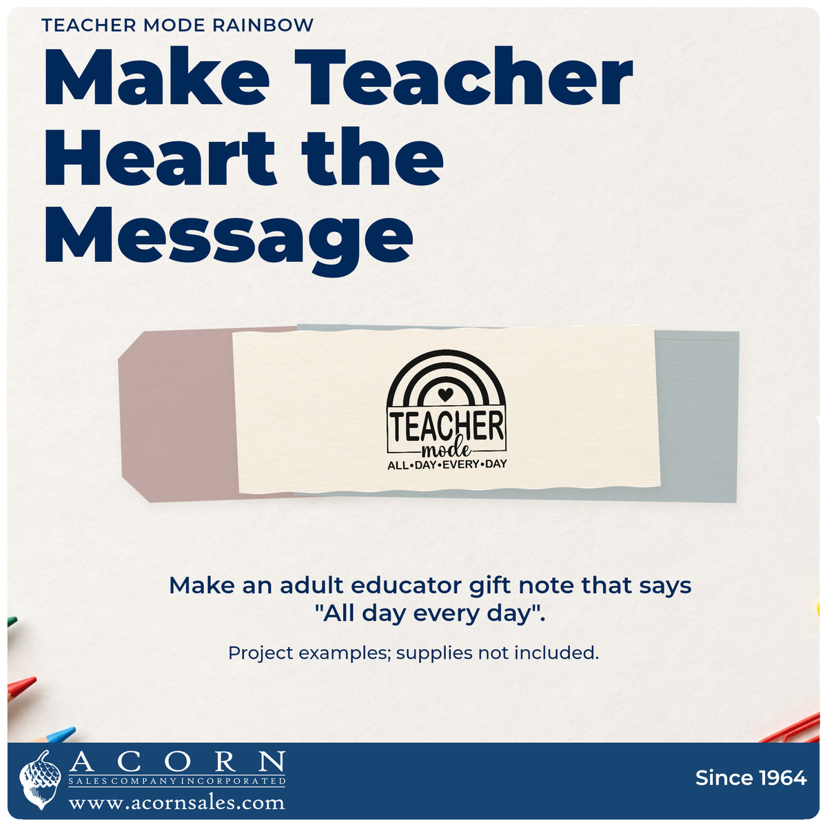 A finished handmade project stamped with the Teacher Mode Rainbow Self-Inking Stamp, ideal for morning routine tags.