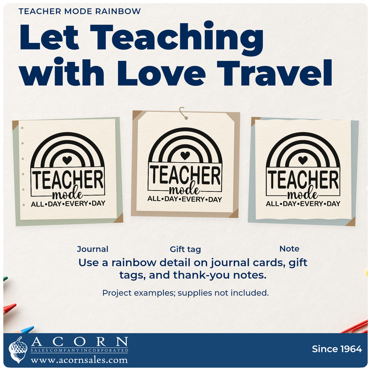 Three project examples made with the Teacher Mode Rainbow Pre-Inked Stamp – PSI, including alarm card crafts.