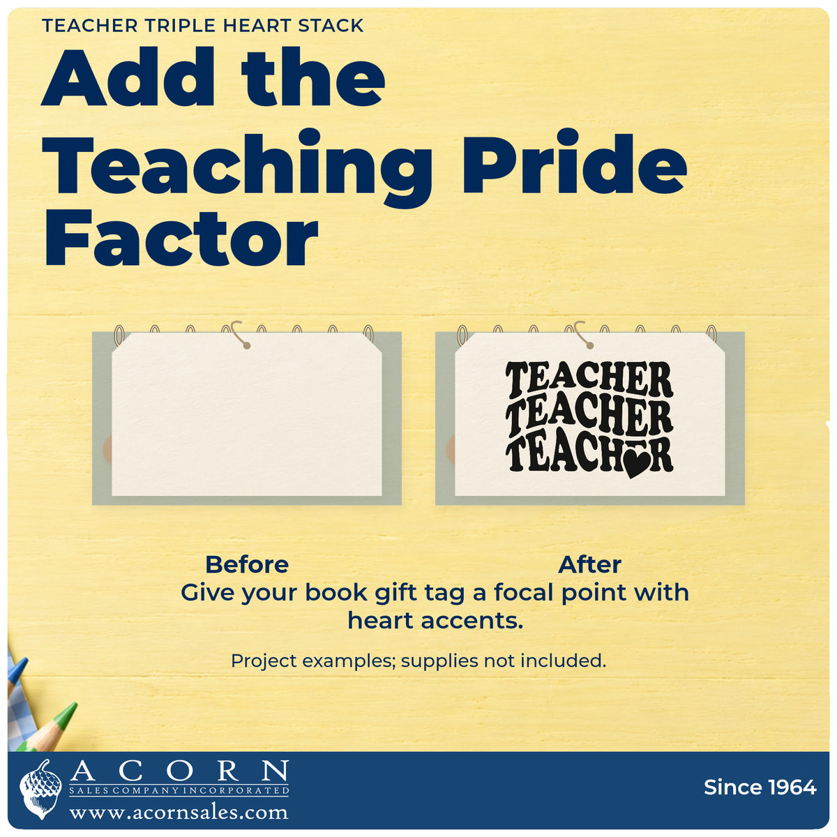 Before and after of a plain item finished with the Teacher Triple Heart Stack Self-Inking Craft Stamp, a quick upgrade for shared shelf labels.