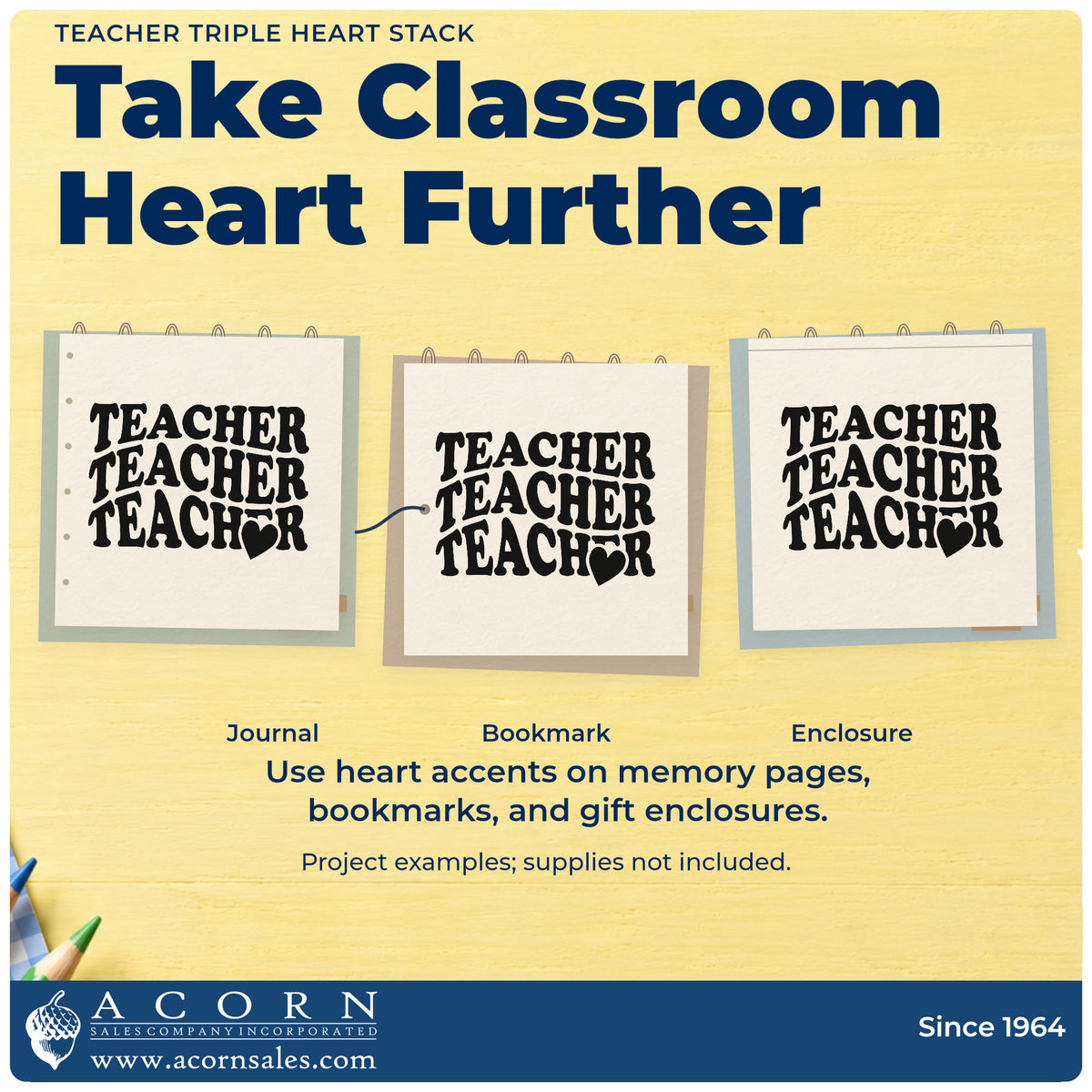 Three project examples made with the Teacher Triple Heart Stack Self-Inking Craft Stamp, including triptych craft frames.