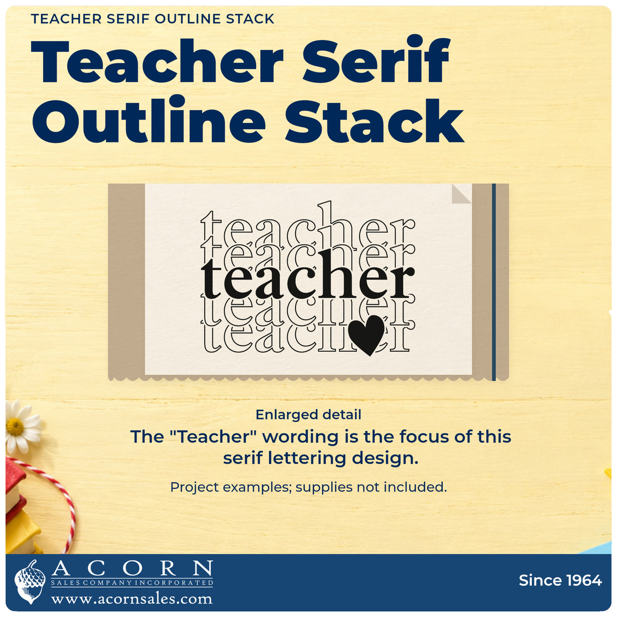 Teacher Serif Outline Stack Rubber Stamp – Wood Handle design shown close up for craft and DIY project inspiration.