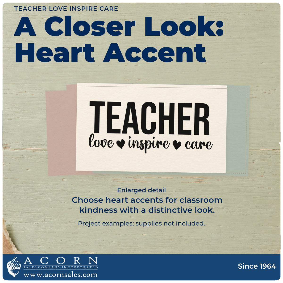 Teacher Love Inspire Care Wood Handle Stamp design shown close up for craft and DIY project inspiration.