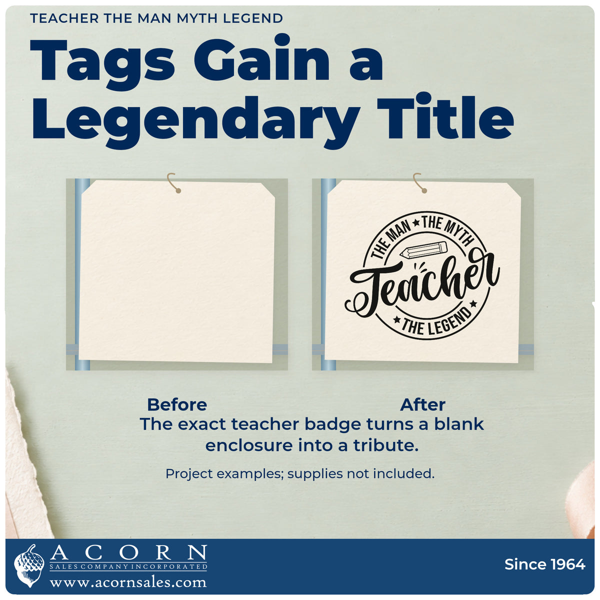 Before and after of a plain item finished with the Teacher The Man Myth Legend Pencil Hand Stamp – Duo, a quick upgrade for toolbox lid labels.