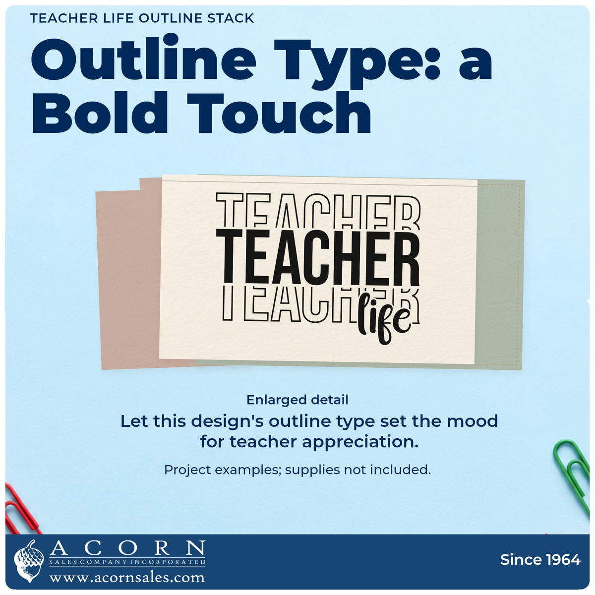 Enlarged detail of the Teacher Life Outline Stack Rubber Stamp – Duo Hand imprint. Three stacked "Teacher" words combine outlined and solid lettering, ending with "Life" script.