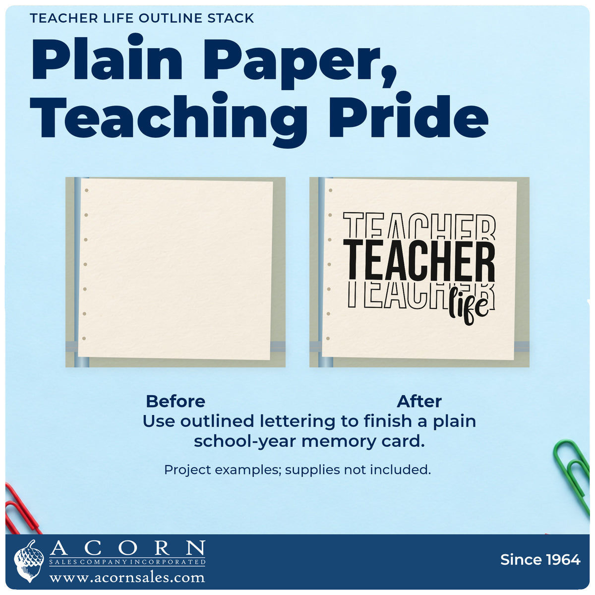 Before and after of a plain item finished with the Teacher Life Outline Stack Slim Pre-Inked Stamp, a quick upgrade for shop booth labels.