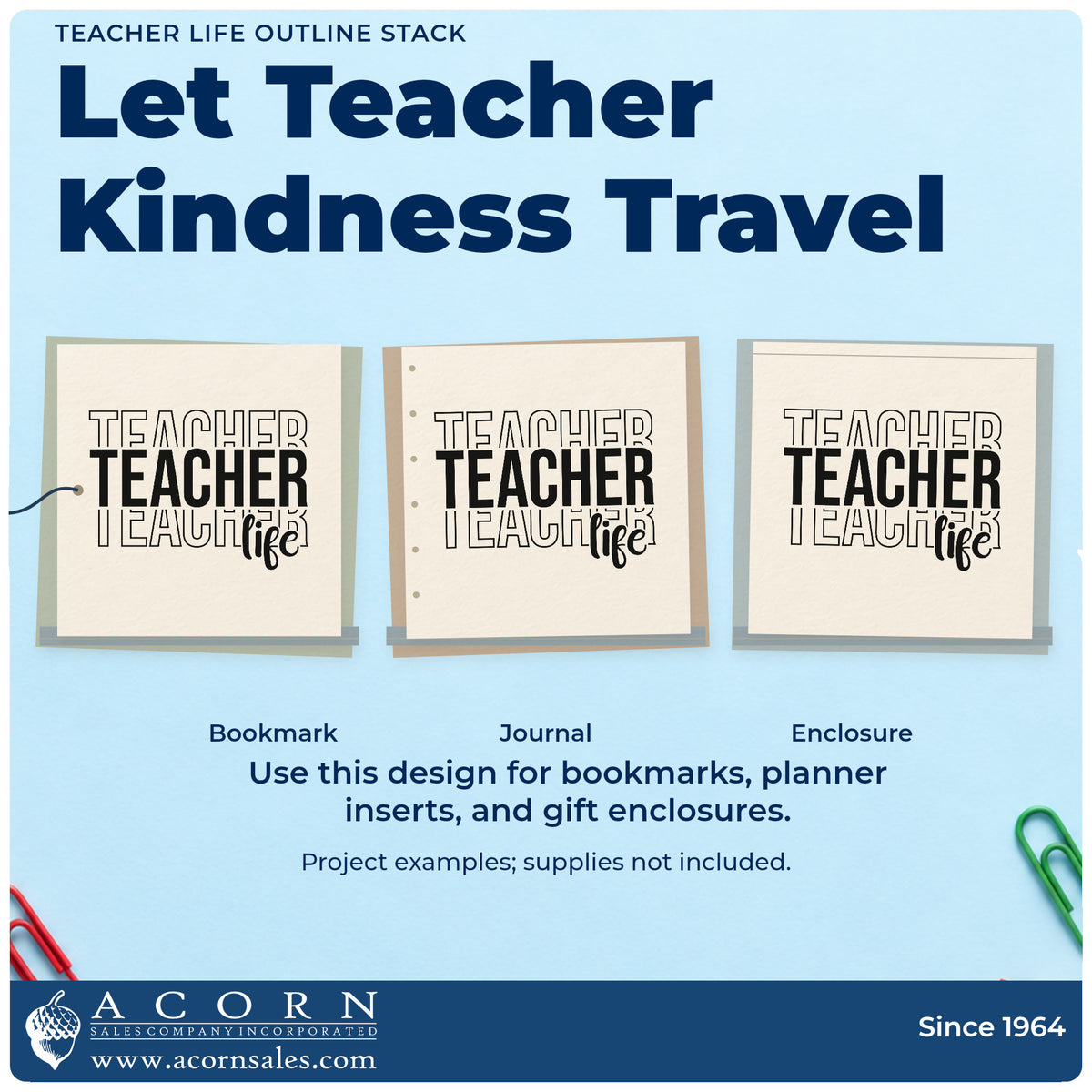 Three project examples made with the Teacher Life Outline Stack Slim Pre-Inked Stamp, including vinyl decal crafts.