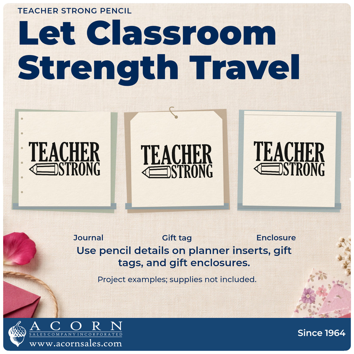 Three project examples made with the Teacher Strong Pencil PSI Pre-Inked Stamp, including barbell card crafts.