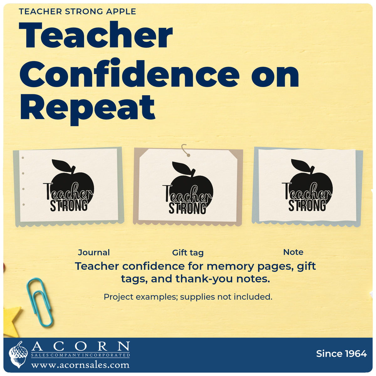 Three project examples made with the Teacher Strong Apple Script Lettering Rubber Stamp – Wood Handle, including apple stencil crafts.