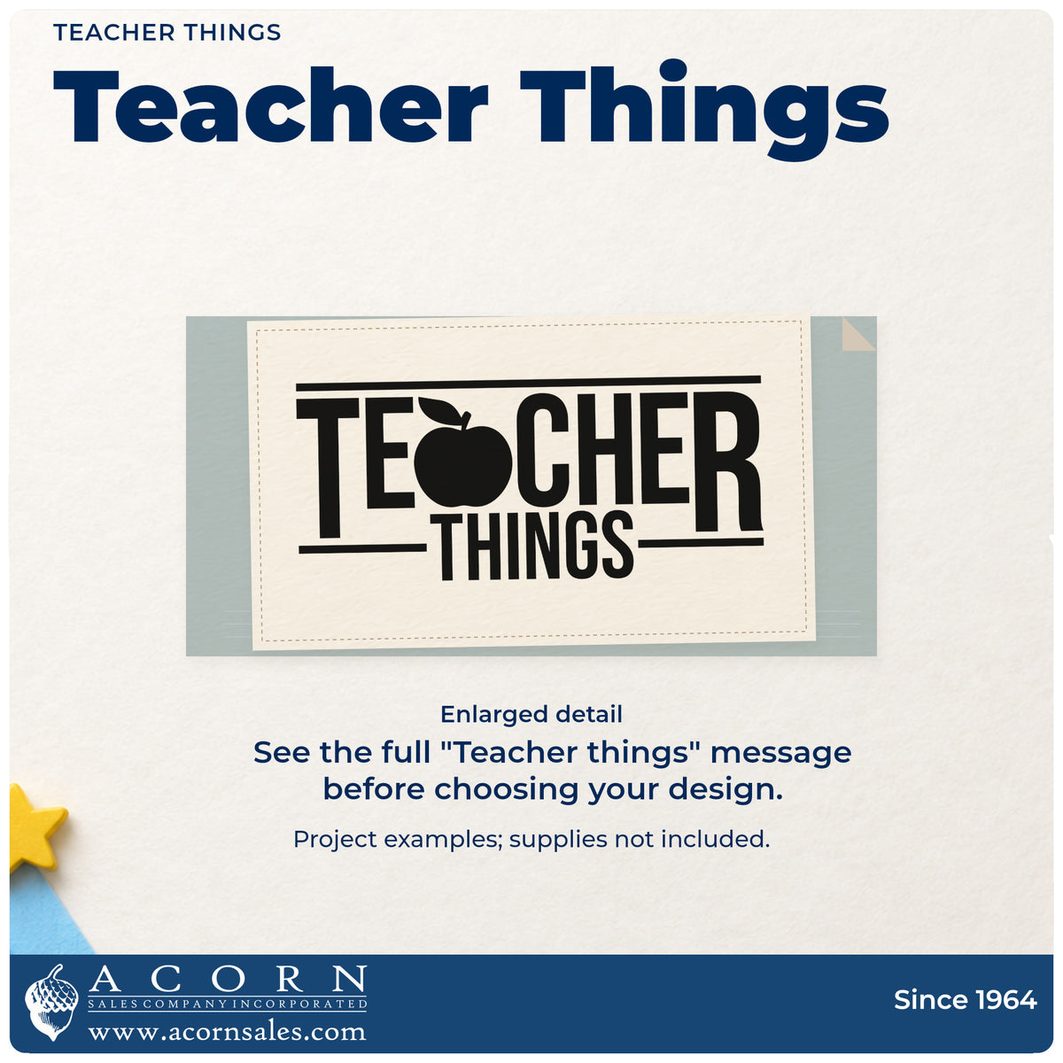 Enlarged detail of the Teacher Things Self-Inking Craft Stamp imprint. An apple replaces a letter in bold "Teacher things," framed by horizontal rules.