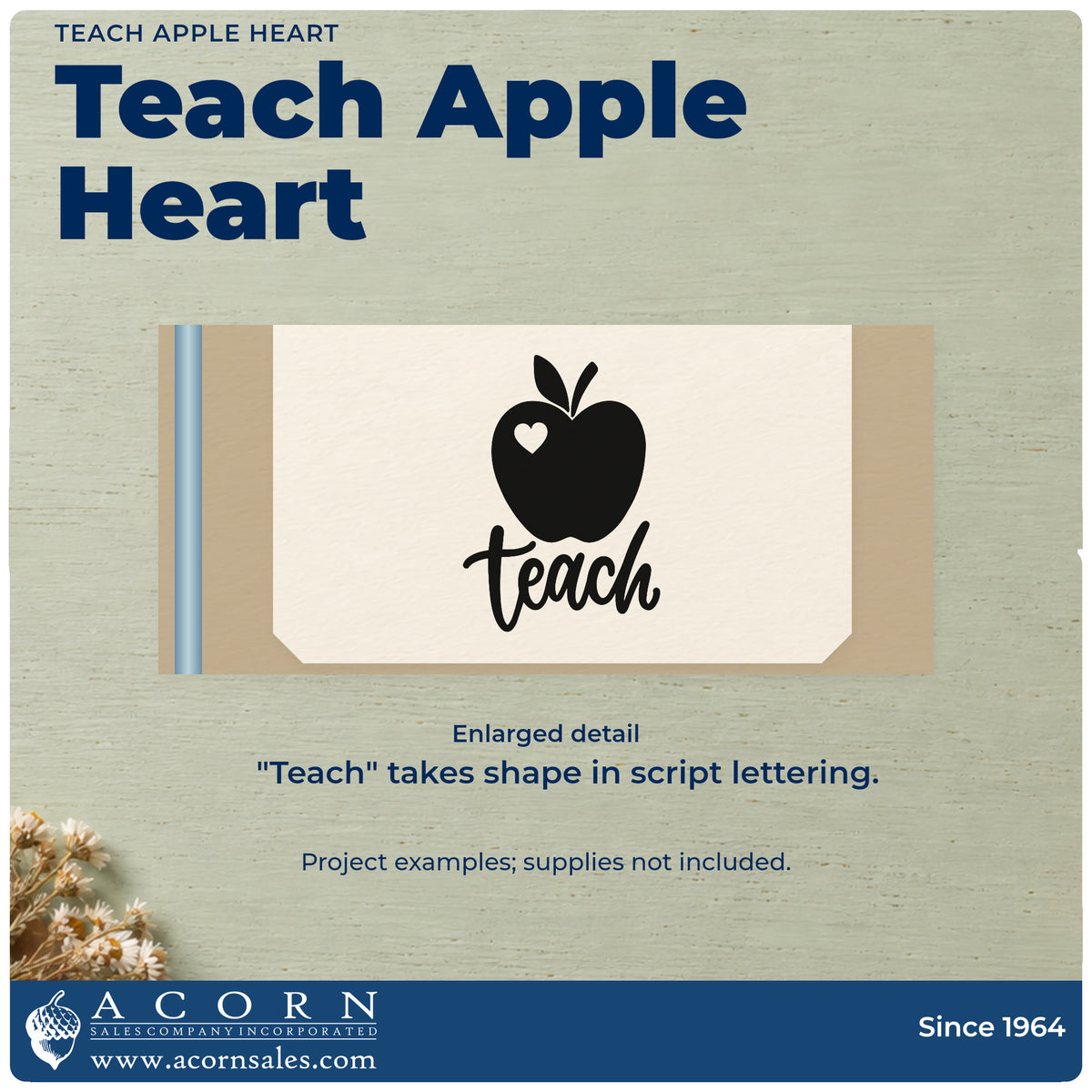 Enlarged detail of the Teach Apple Heart Rubber Stamp – Duo Hand imprint. A solid apple with a small white heart sits above "Teach" script.