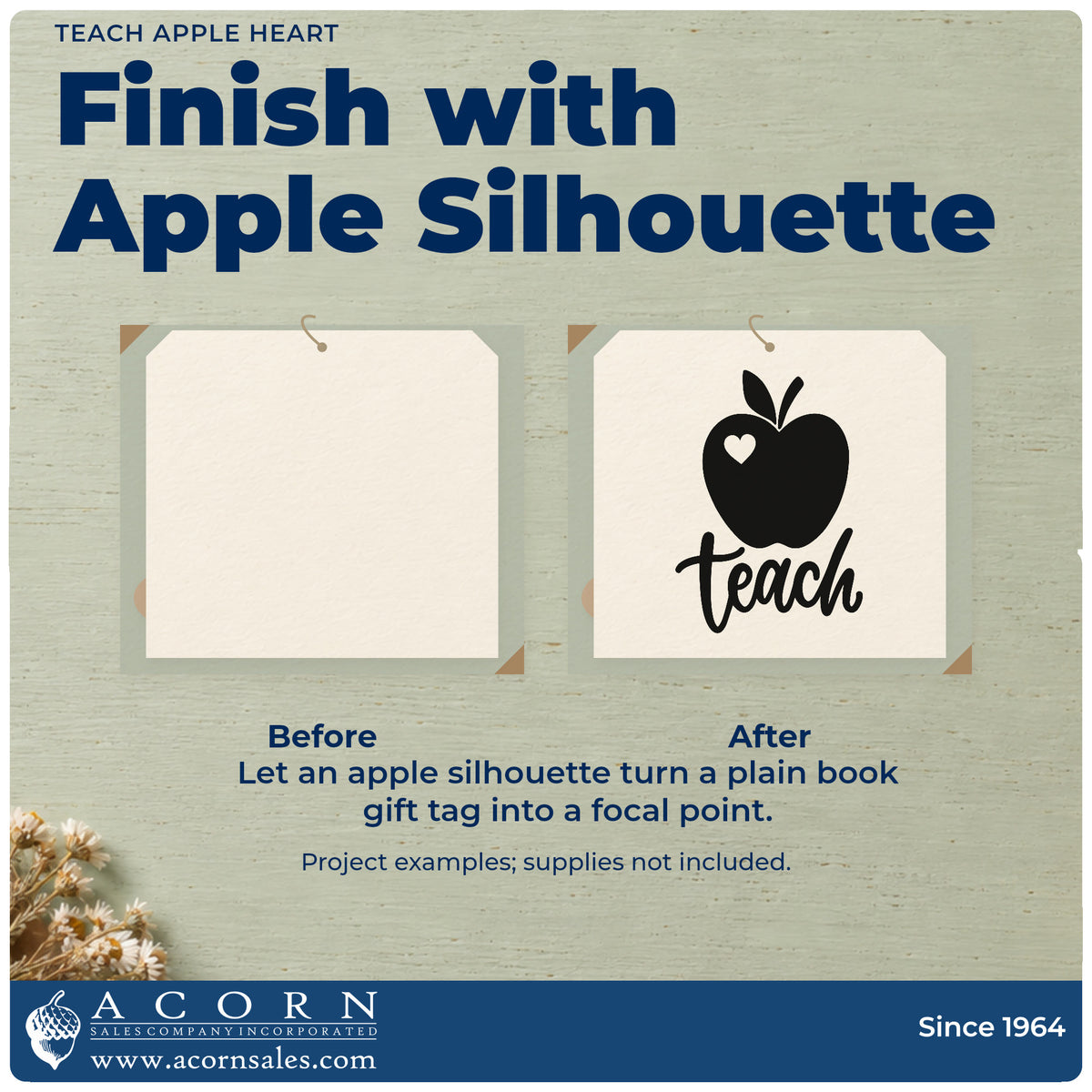 Before and after of a plain item finished with the Teach Apple Heart Rubber Stamp – Duo Hand, a quick upgrade for kraft seal labels.