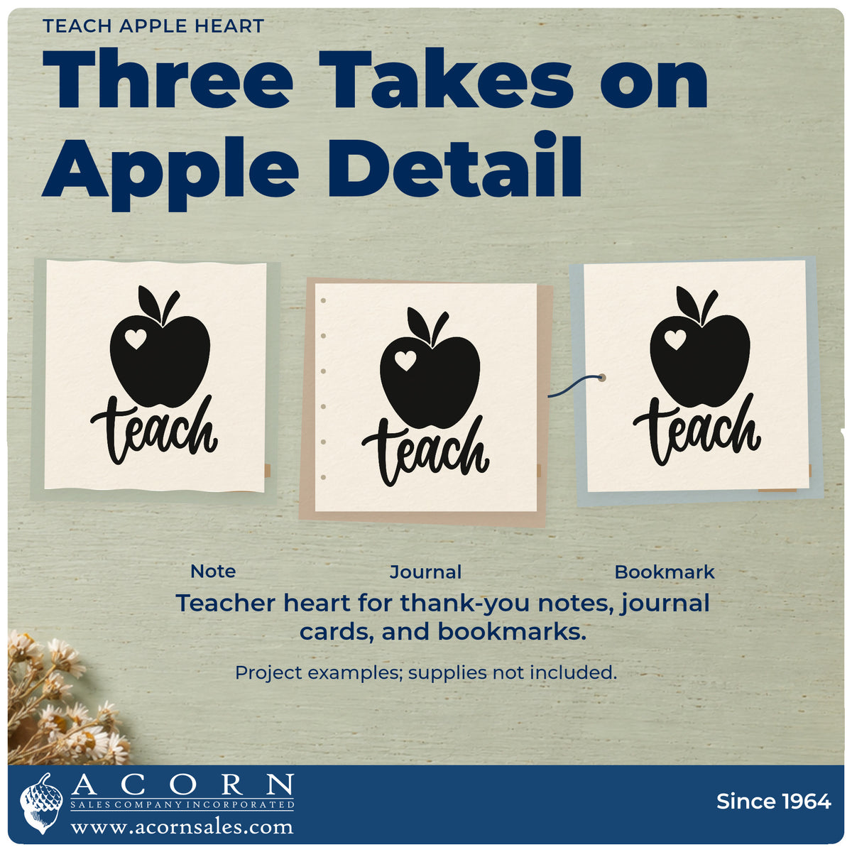 Three project examples made with the Teach Apple Heart Premium Wood-Mounted Stamp - Vintage Pro, including single stamp crafts.