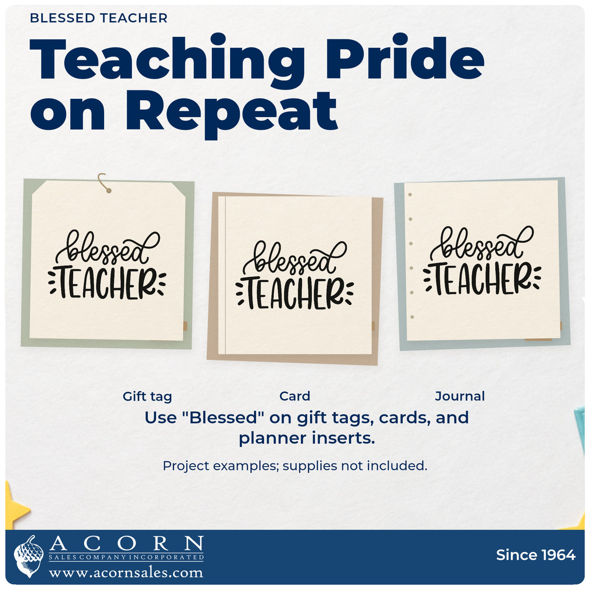Three project examples made with the Blessed Teacher Lettering Hand Stamp – Duo, including prayer card crafts.