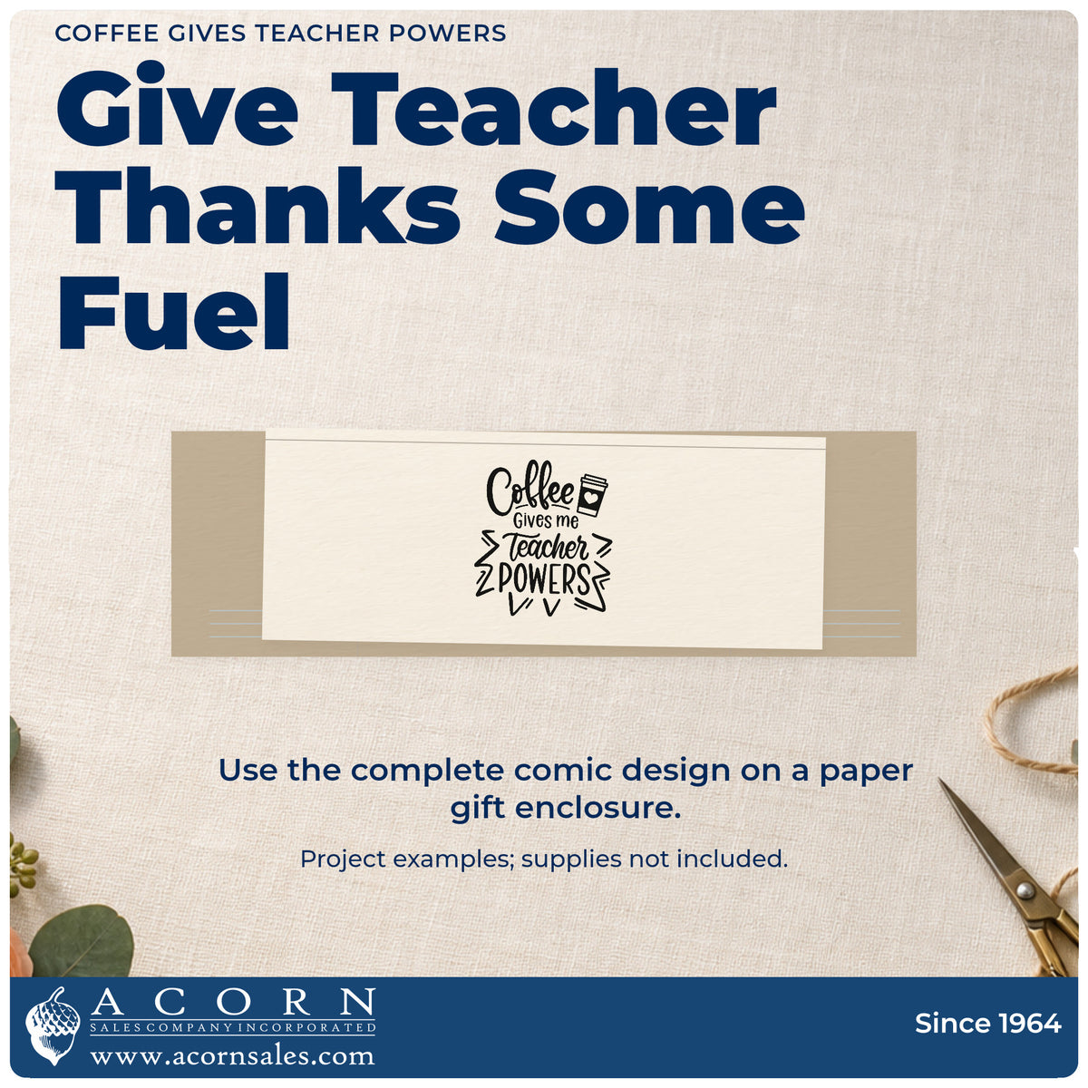 A finished handmade project stamped with the Slim Pre-Inked Coffee Gives Me Teacher Powers Stamp, ideal for comic day tags.
