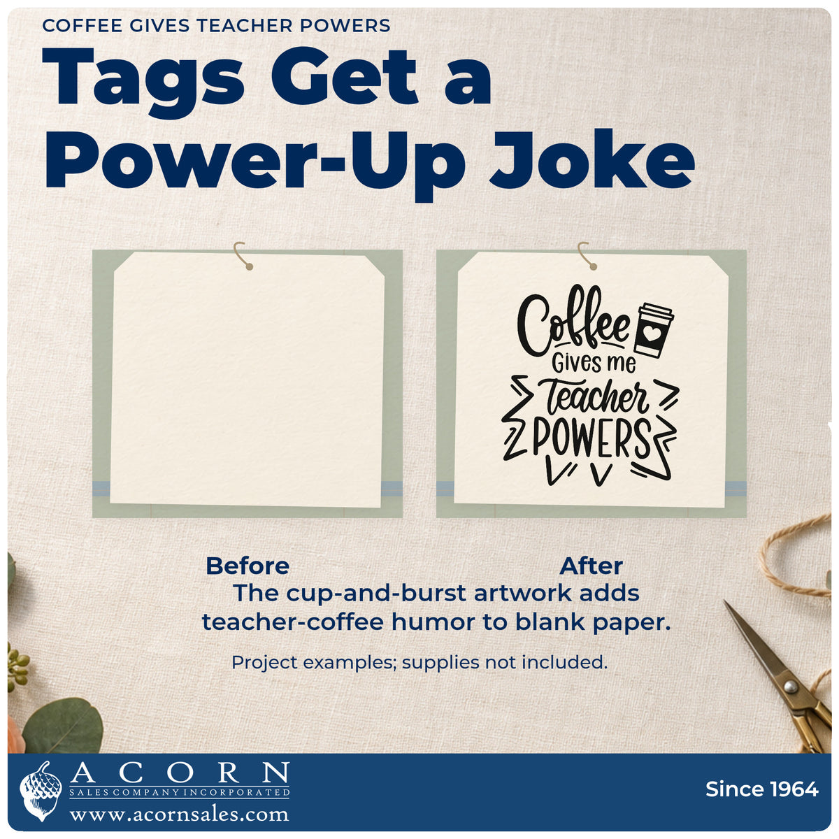 Before and after of a plain item finished with the Slim Pre-Inked Coffee Gives Me Teacher Powers Stamp, a quick upgrade for energy drink labels.