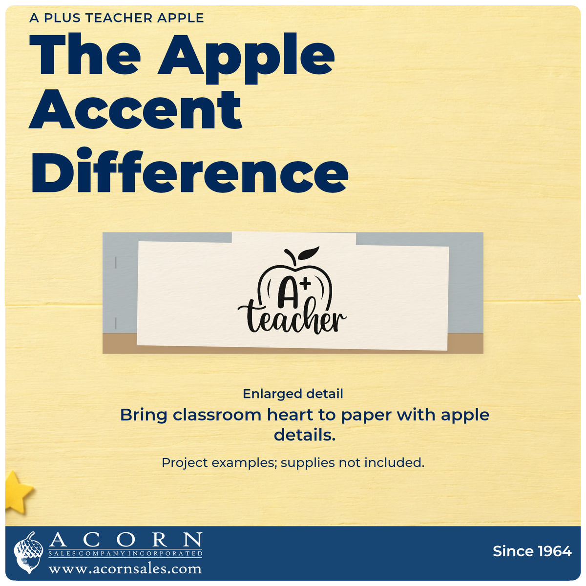 Enlarged detail of the A Plus Teacher Apple Script Lettering Self-Inking Stamp imprint. An outlined apple holds an A+ above "Teacher" script.