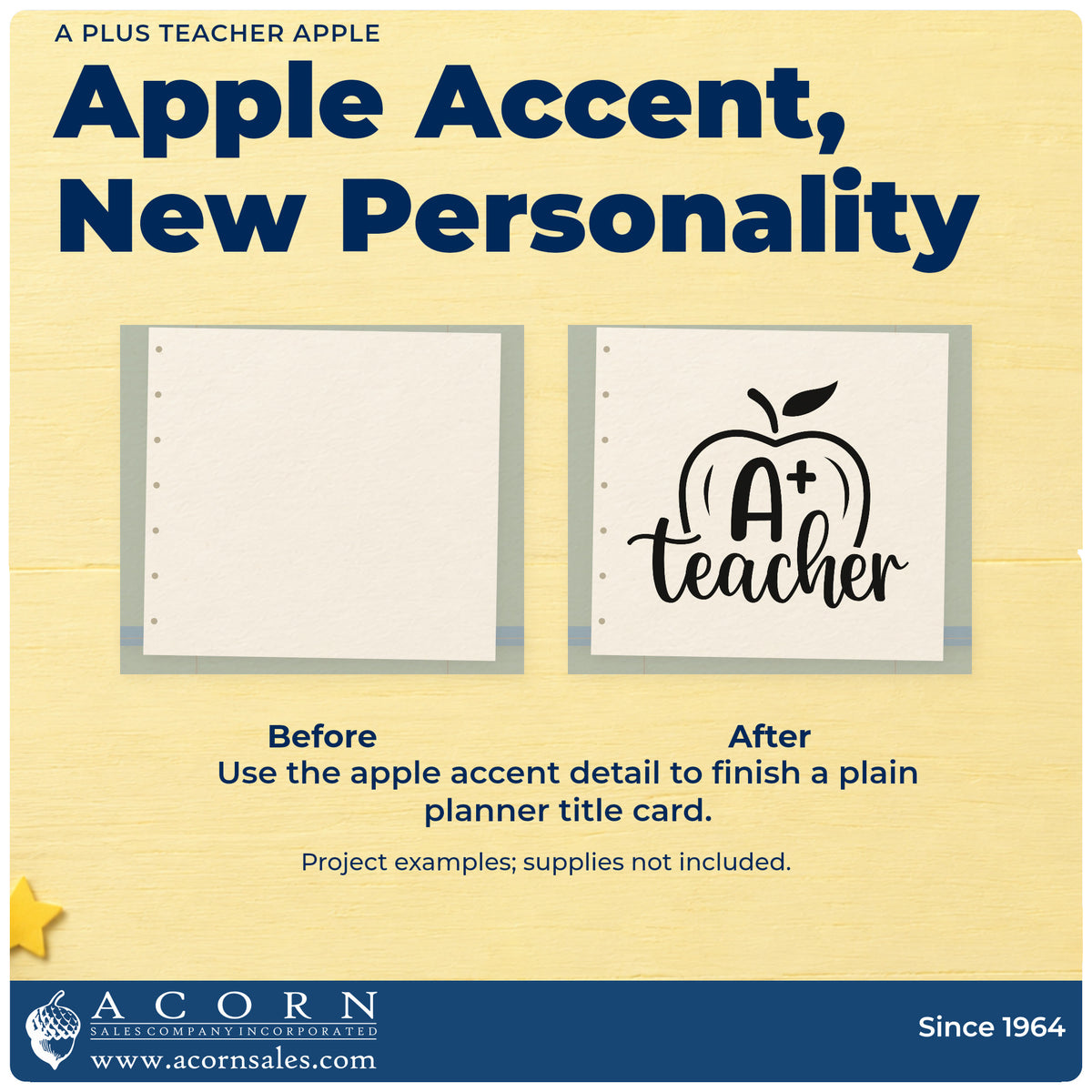Before and after of a plain item finished with the A Plus Teacher Apple Script Lettering Wood-Mounted Rubber Stamp, a quick upgrade for honor roll labels.