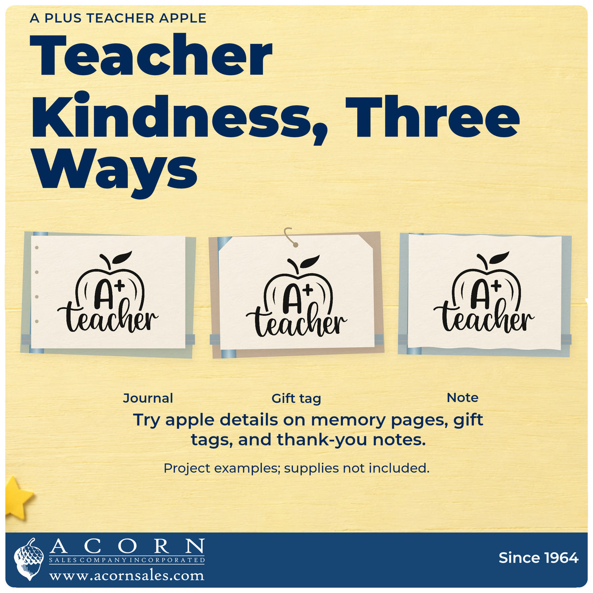 Three project examples made with the A Plus Teacher Apple Script Lettering Hand Stamp – Duo, including sticker blank crafts.
