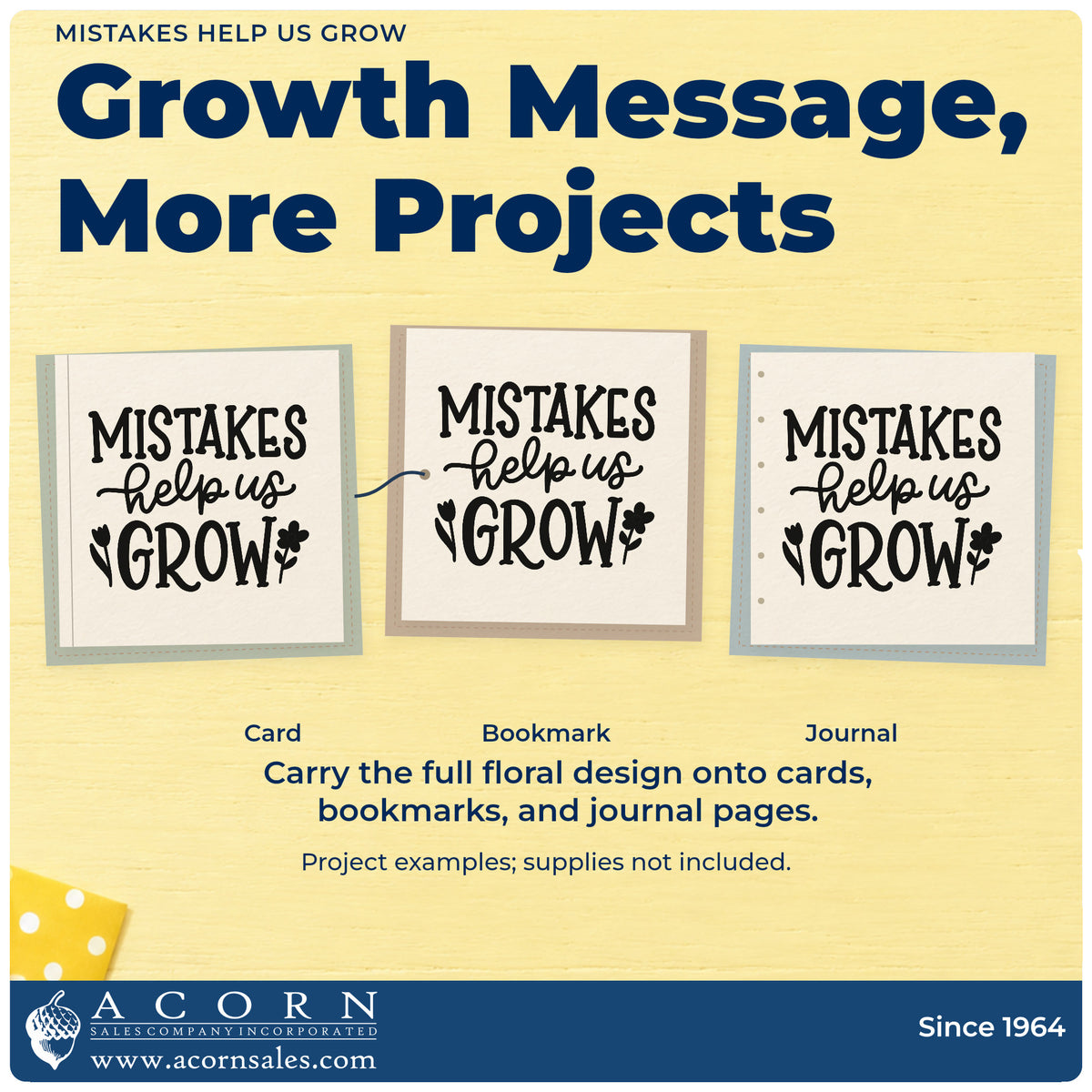 Three project examples made with the Mistakes Help Us Grow Pre-Inked Stamp – PSI, including seed packet crafts.