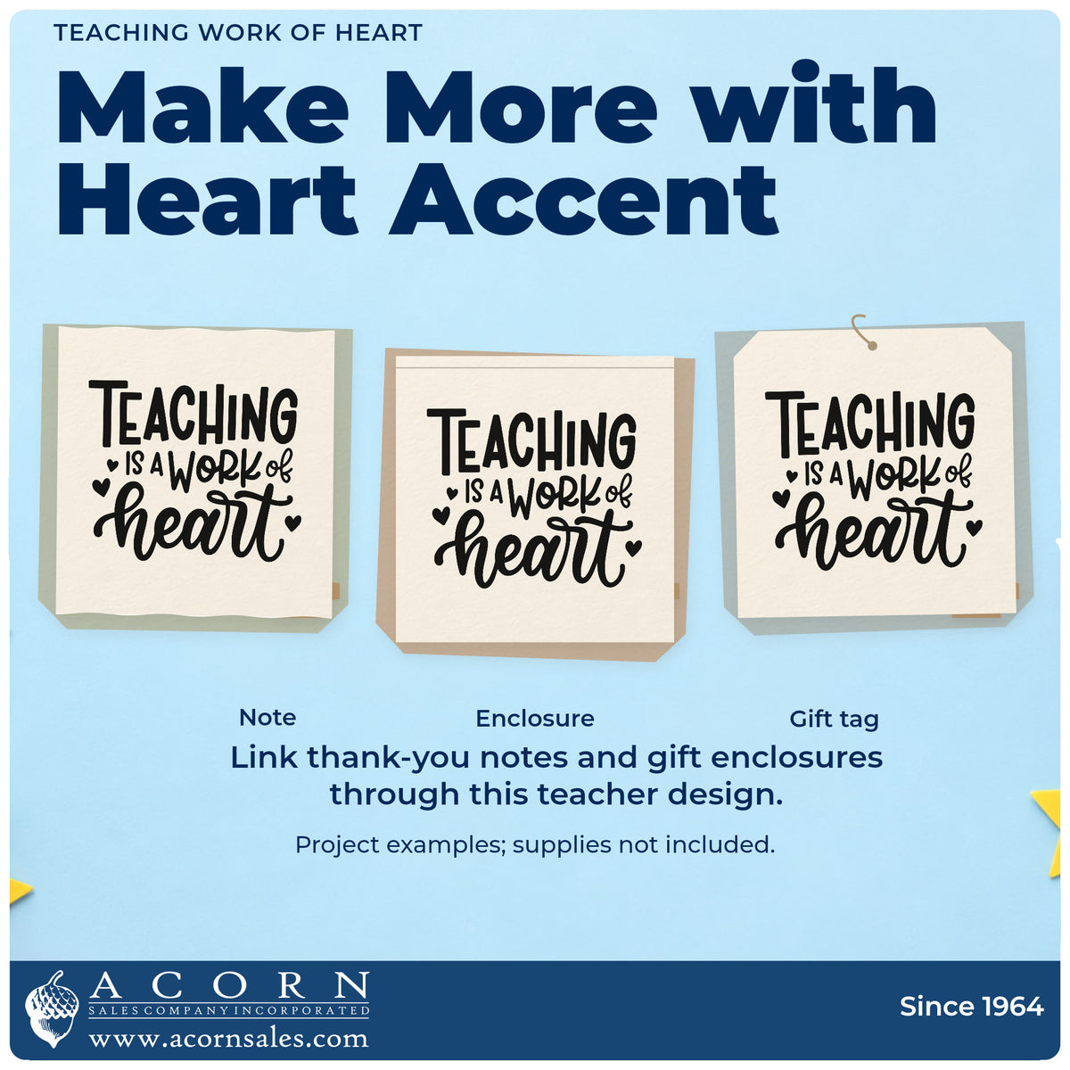 Three project examples made with the Teaching Is A Work Of Heart Pre-Inked Stamp – PSI, including heart chain crafts.