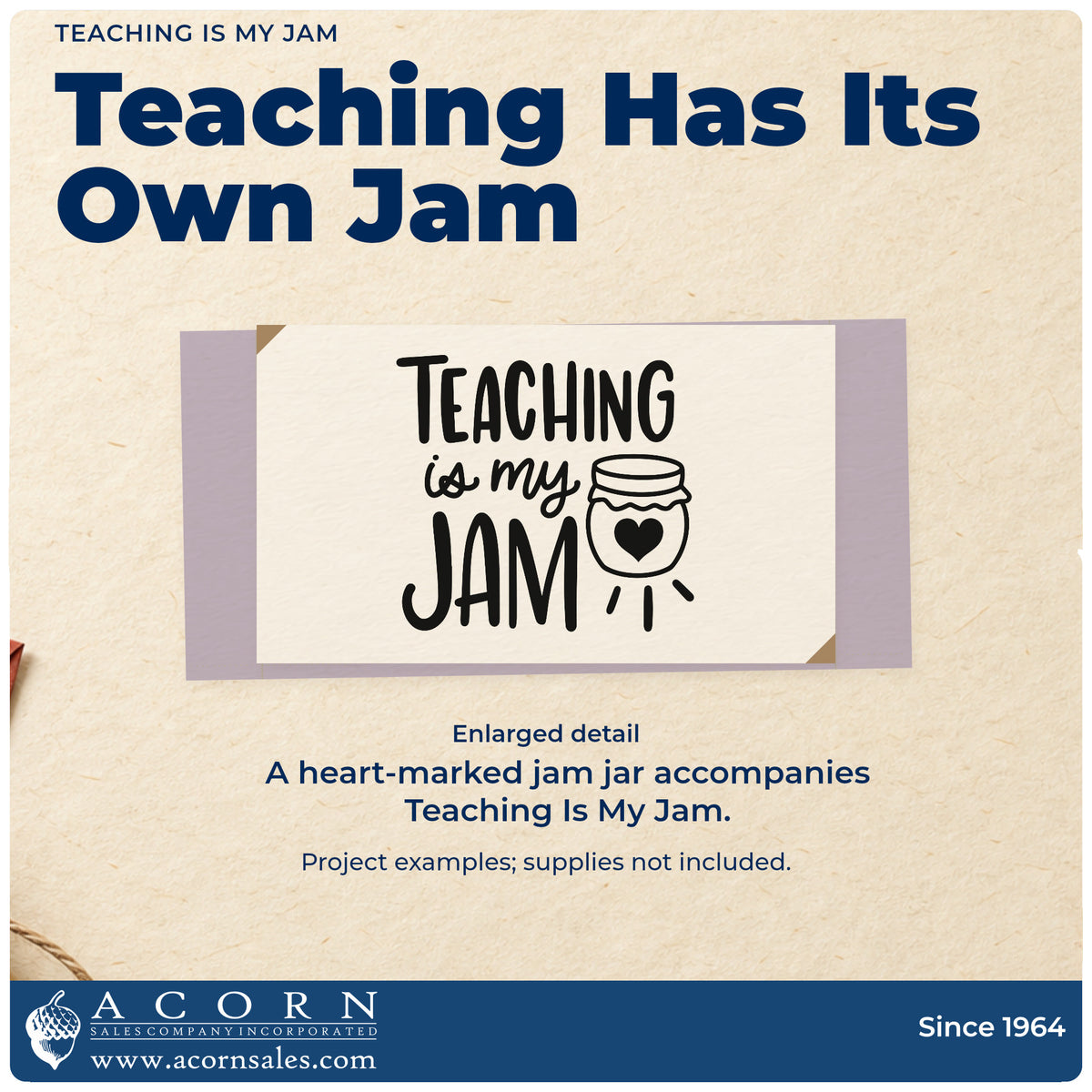 Enlarged detail of the Teaching Is My Jam Jar Illustration Self-Inking Stamp imprint. A jam jar with a heart accompanies "Teaching is my jam."