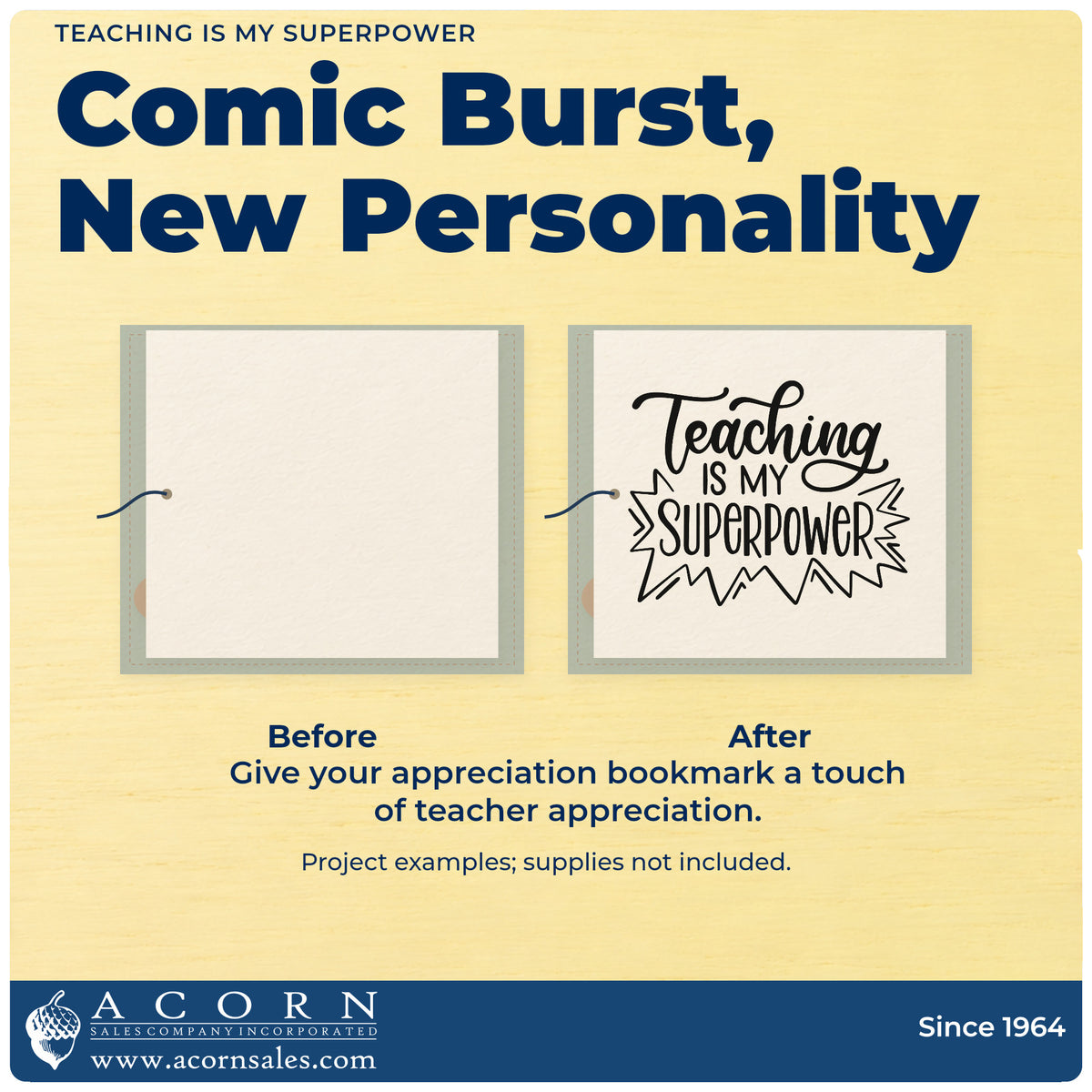 Before and after of a plain item finished with the Teaching Is My Superpower Pre-Inked Stamp – Slim, a quick upgrade for supply crate labels.
